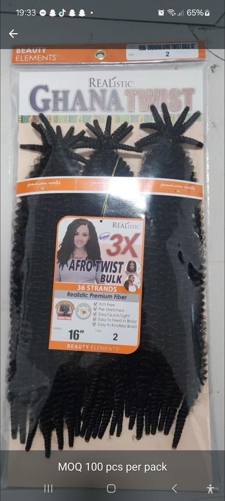 Beauty Elements Ghana Twist 3X Afro Twist Bulk Hair Extension 16″ 1B Pre-Stretc.