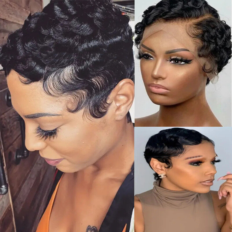 Short Lace Front Wigs Human Hair for Women Short Finger Wave Black Wigs L Part