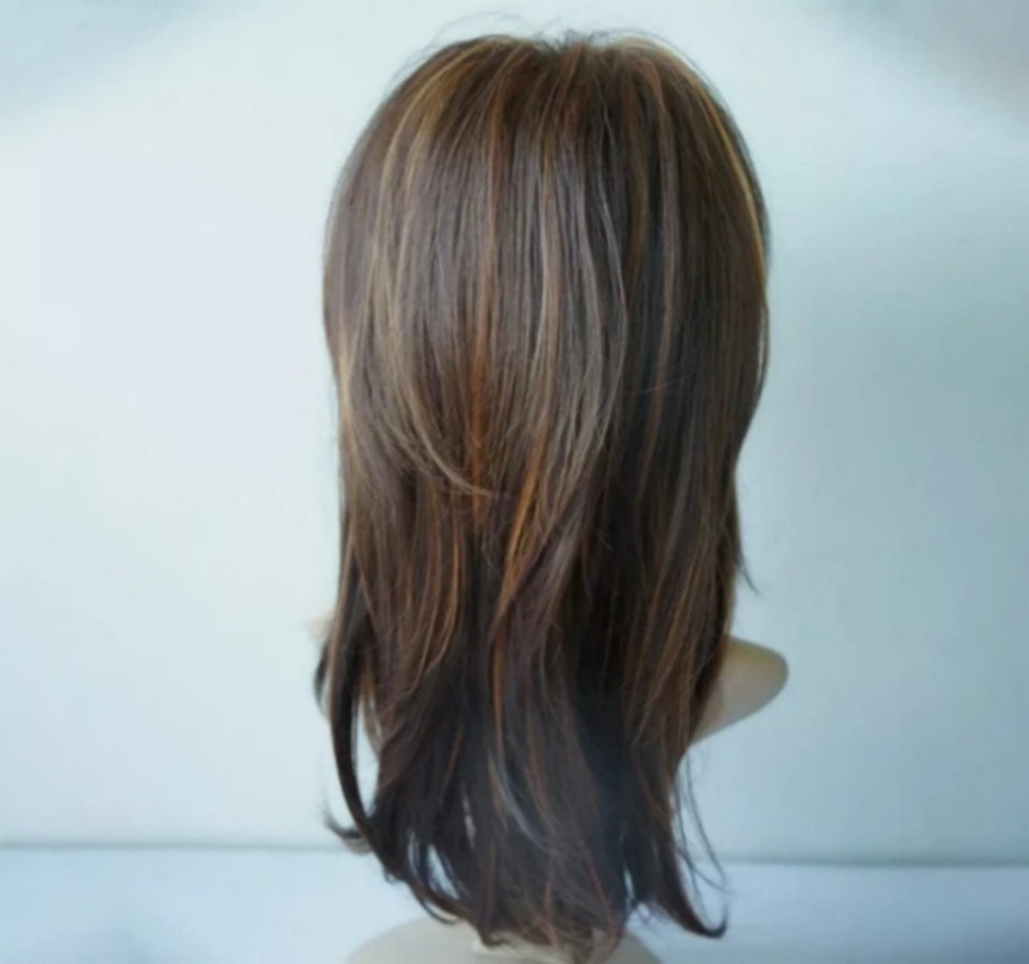 Women Dark Brown w/Gold Highlight Ombre Shoulder Length Curly Hair Wig-&##