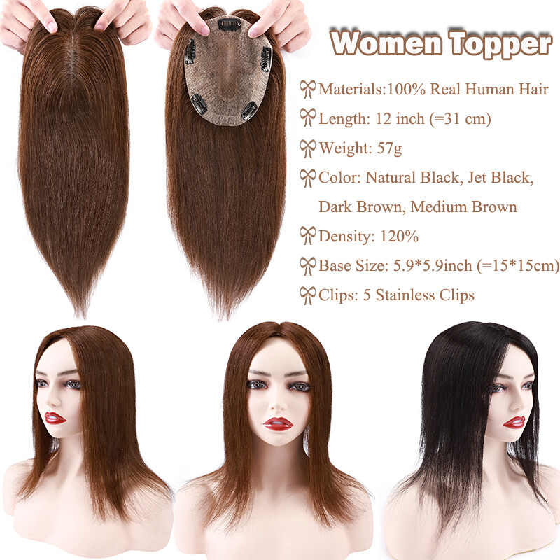 15×15 Clip In Women Topper REAL Human Hair Clip In Large Silk Base Hairpiece US