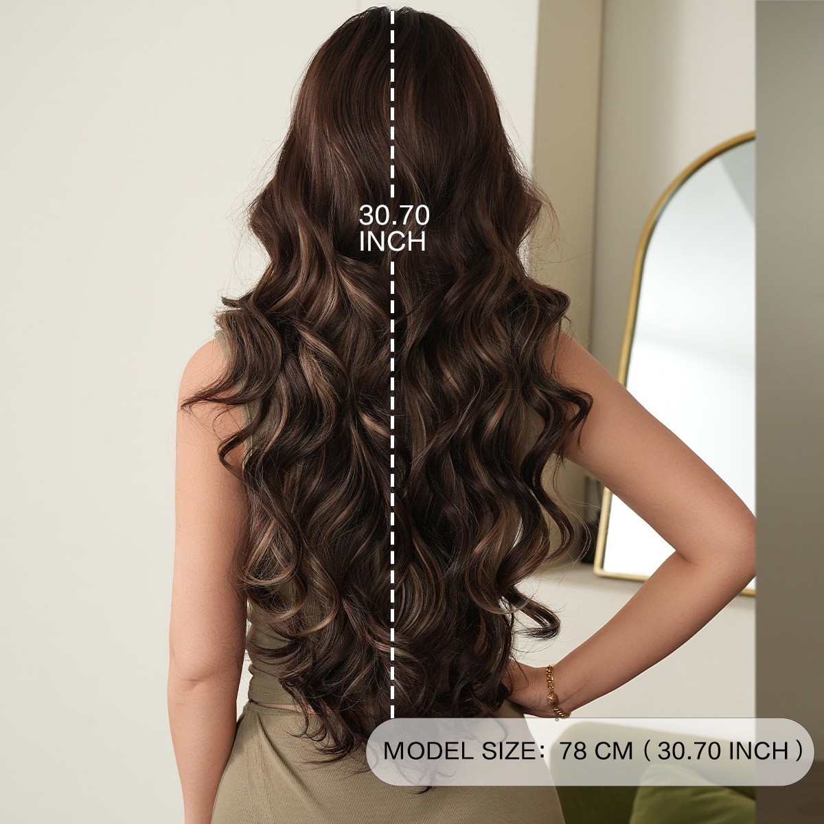 Wig with long curly brown hair with honey gold highlights and a brown base color