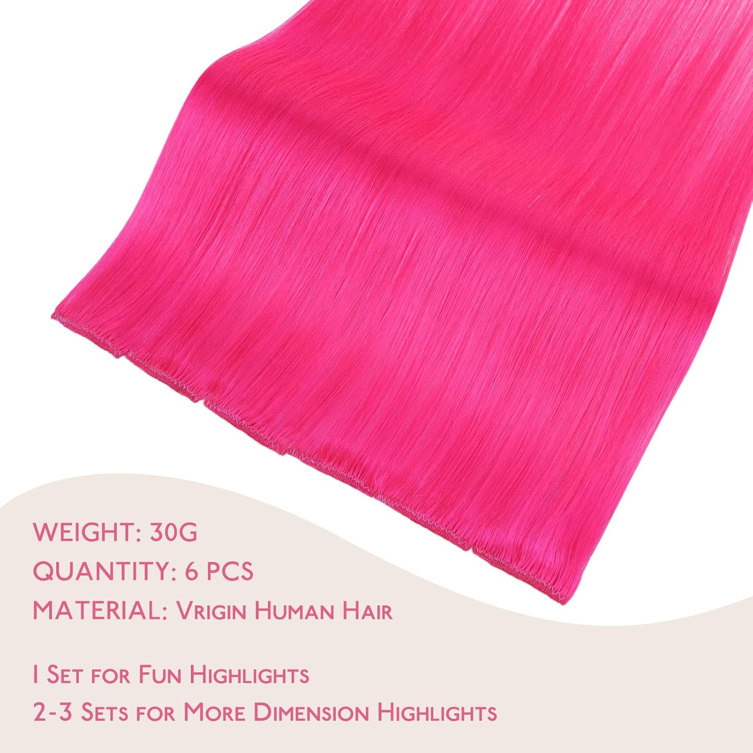 Hot Pink Clip in Hair Extensions Real Human Hair 35G 6Pcs 16 Inch Colored Hair E