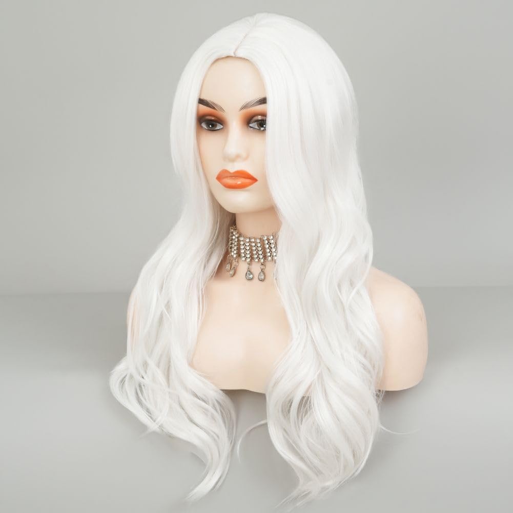 White Cosplay Wigs for Women Long Curly Wavy Middle Part Wig Heat Resistant F…