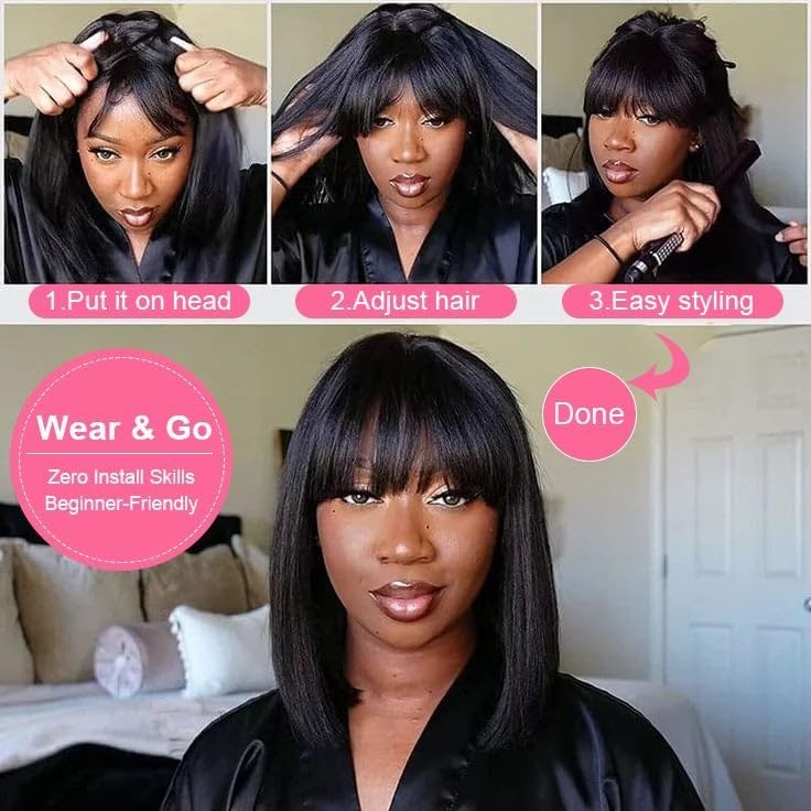 Bob Wig Human Hair Glueless Wig with Bangs Human Hair Straight 2×1 Lace Wig