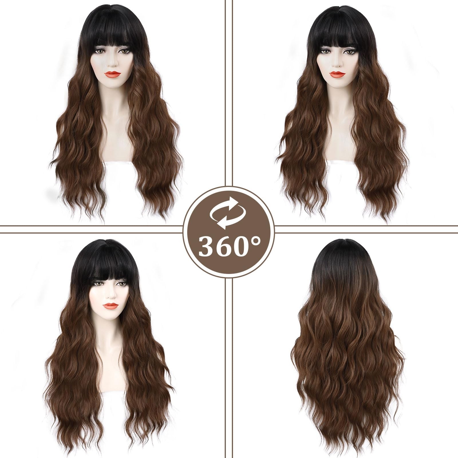 Ombre Brown Wig with Bangs Long Wavy Curly Wigs with Dark Root Women’s Synthe…