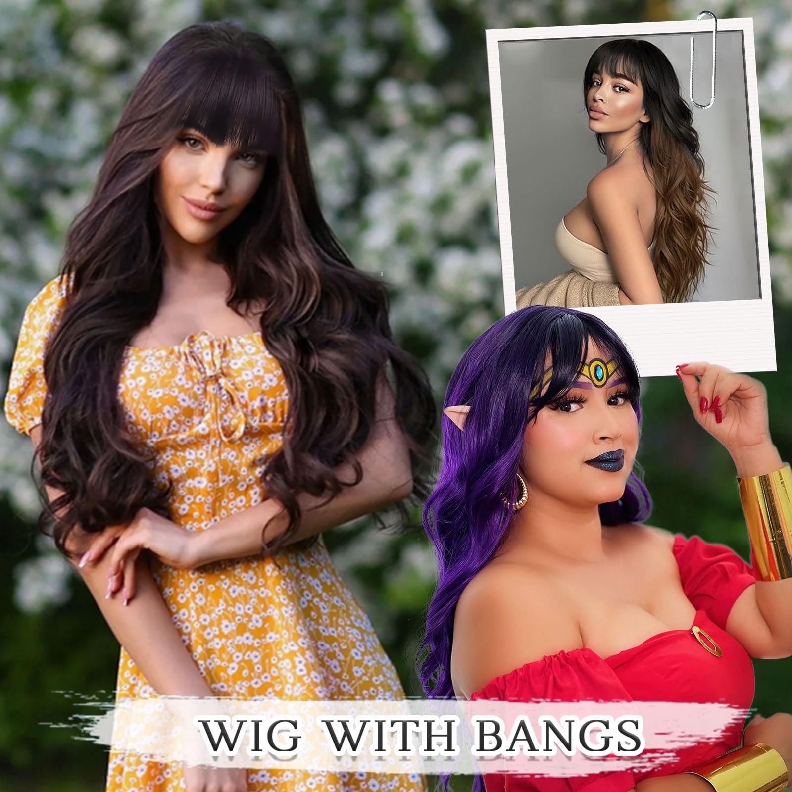 Ombre Brown Wig with Bangs Long Wavy Curly Wigs with Dark Root Women’s Synthe…