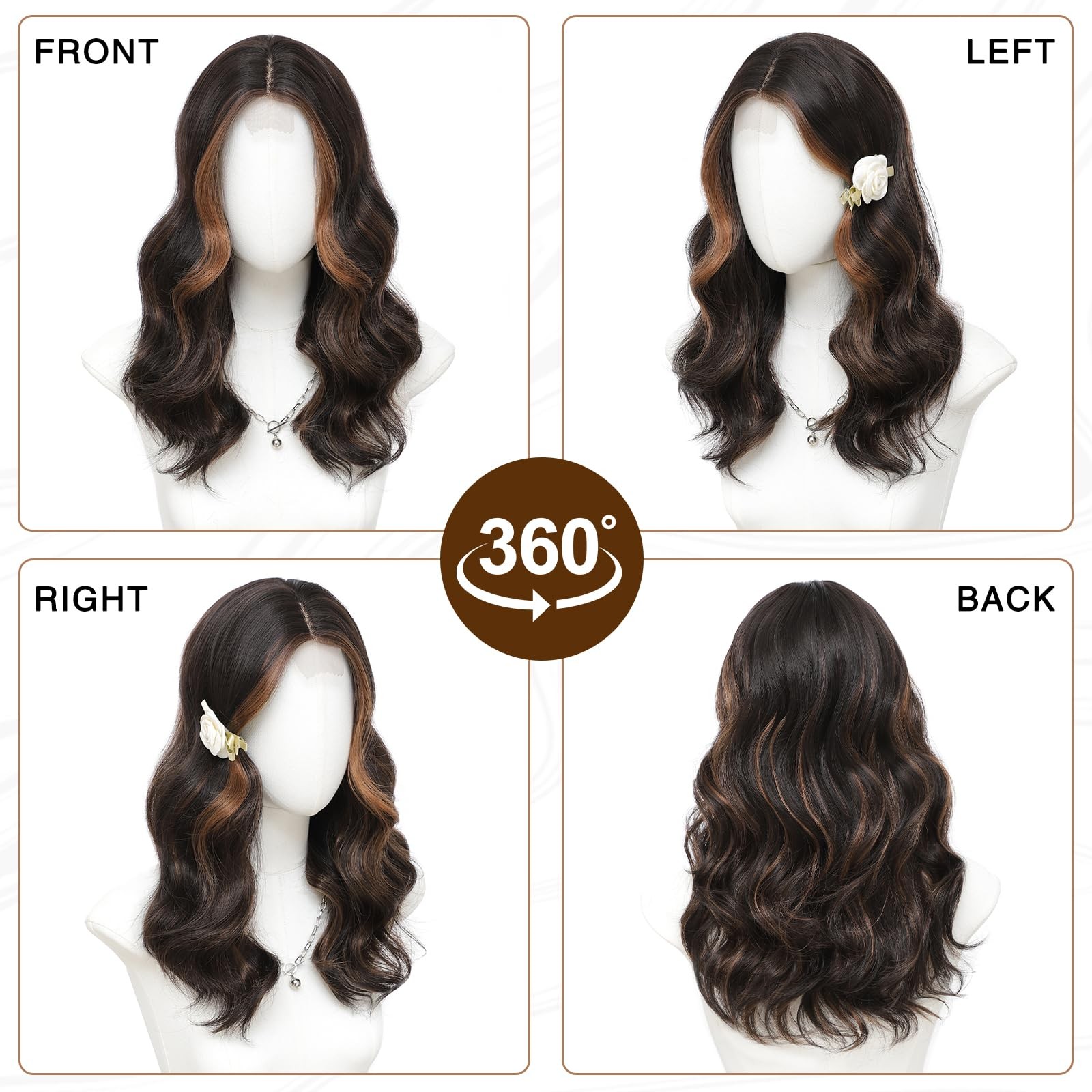 Dark Brown Hightlight Wigs for Women 18 Inch Middle Part Medium Length Short …