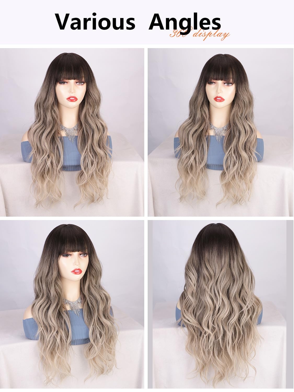 26 Inch Curly Wavy Wig with Bangs Synthetic Hair for Women Natural Looking Ha…
