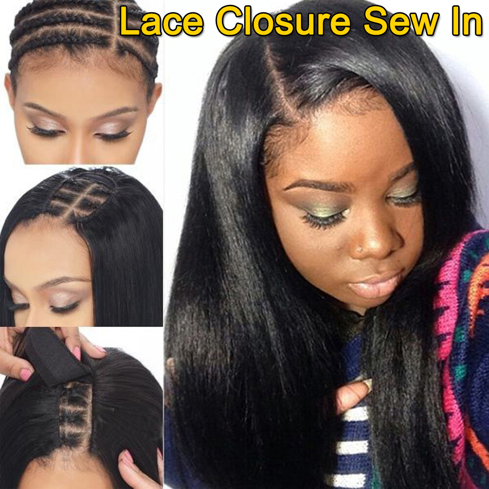9A 3 Bundles With Closure Virgin Human Hair Weave Brazilian Tpart Middle Part US