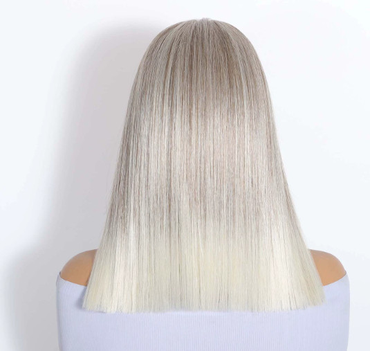 Silvery Medium-Length Straight Wig with Lace Front, Heat-Resistant Fibers Women