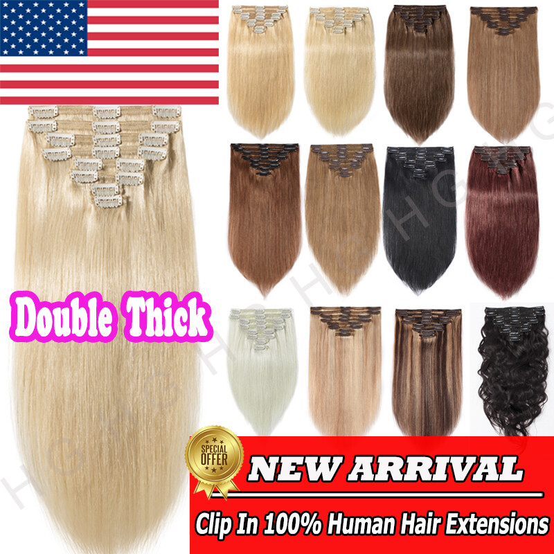 200G+ Clip In Human Hair Extensions Double Weft 100% Real Remy For Full Head HG