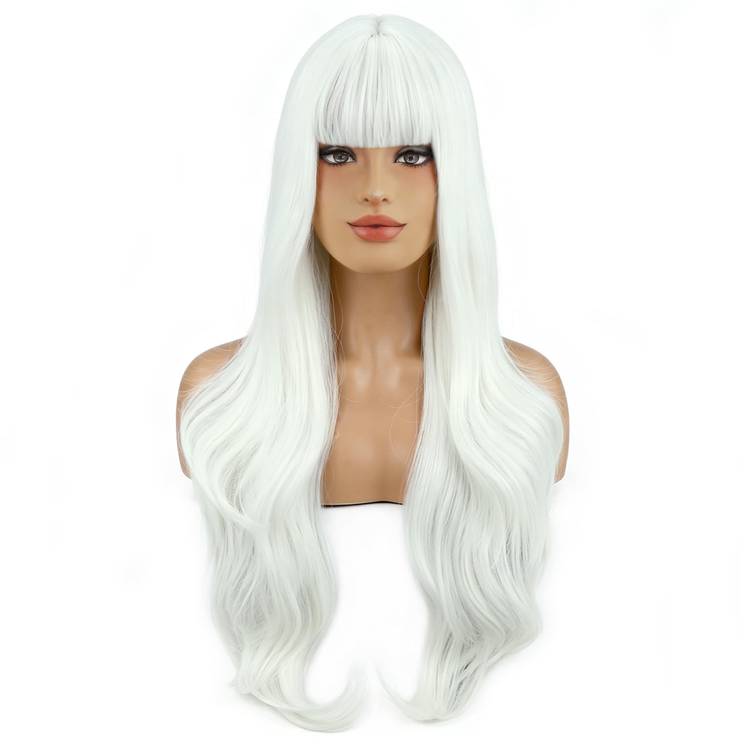 White Wig Long Wavy White Wigs with Bangs for Women Daily Party Hairnet Include