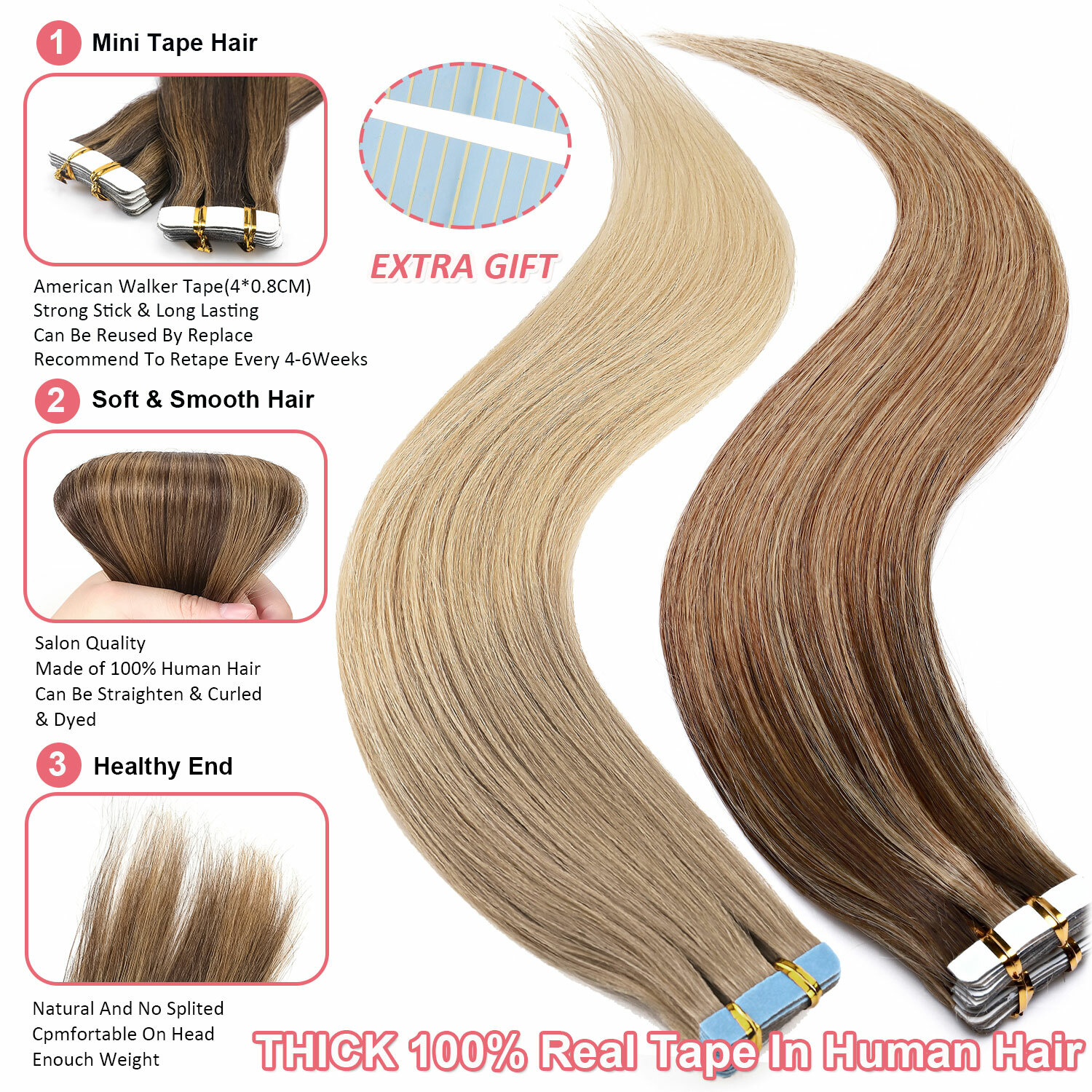 20/40/60PCS THICK Tape In 100% Remy Human Hair Extensions Russian Skin Weft GREY