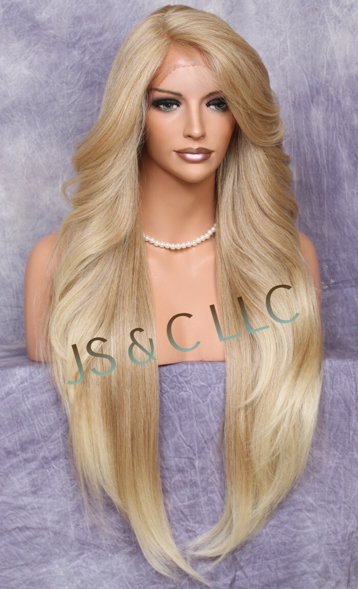 38″ Long Human Hair Blend Full Lace Front Wig Heat OK Blonde mix WEPC 27/613