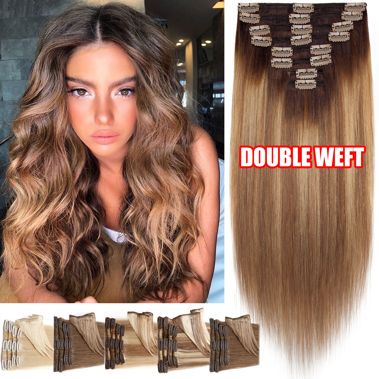 100% Real Soft Double Weft Clip In Remy Human Hair Extensions Full Head Thick US