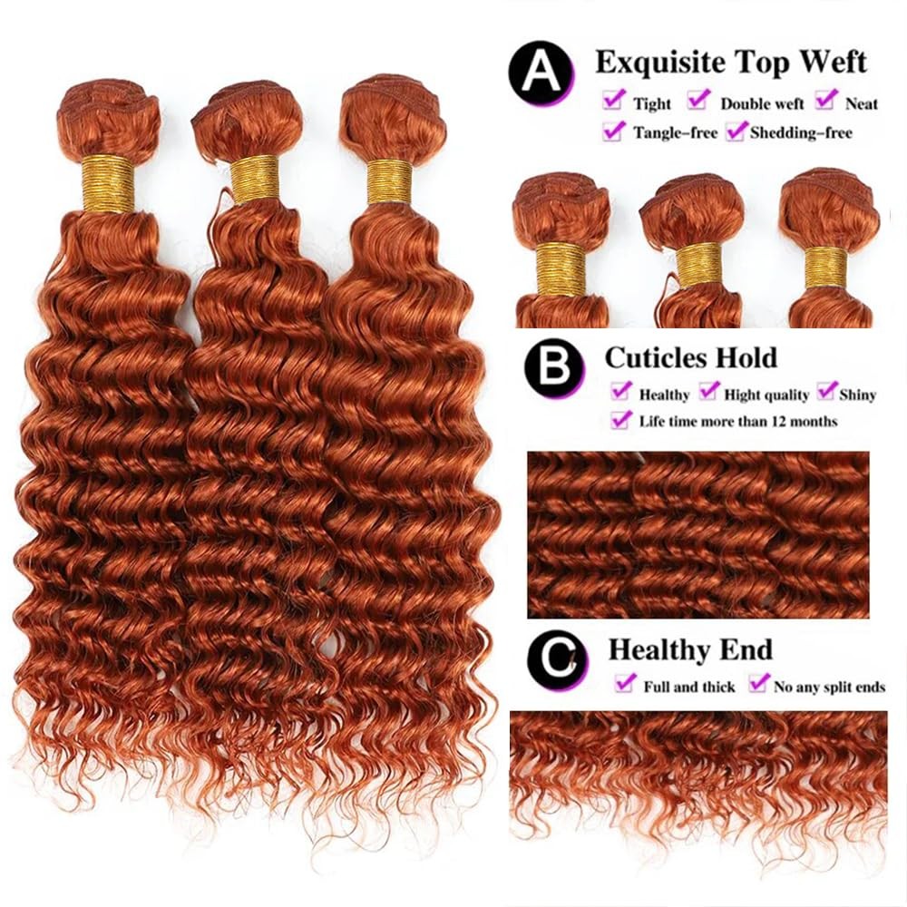 Qeuope Burnt Orange Deep Curly Wet And Wavy Bundles Human Hair Color 350 Ginger
