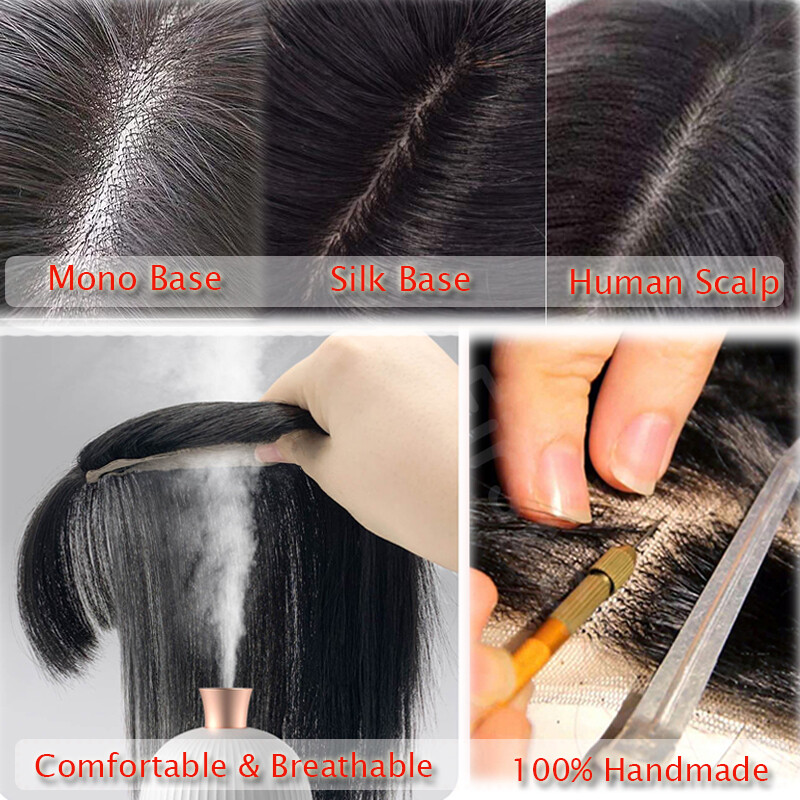 Silk Base 100%Remy Human Hair Topper Top Piece Extensions Women Toupee Clip BANG