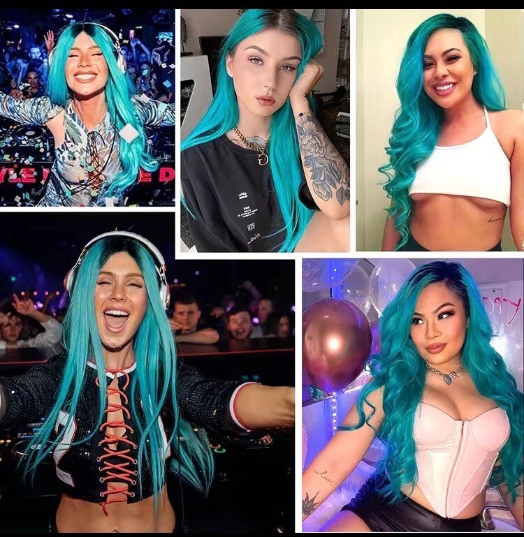 28” Ombré Dark Roots with Teal Wavy Mermaid Wig