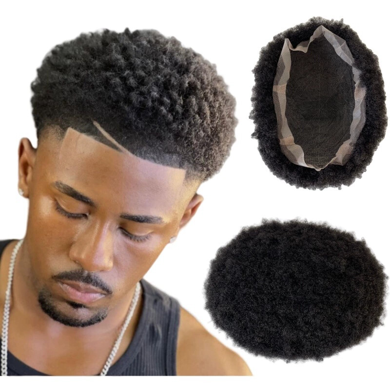 Afro Curly Mens Toupee Full Lace Wigs 10×8 Afro Human Hair (4mm Wave Curl, #1 )