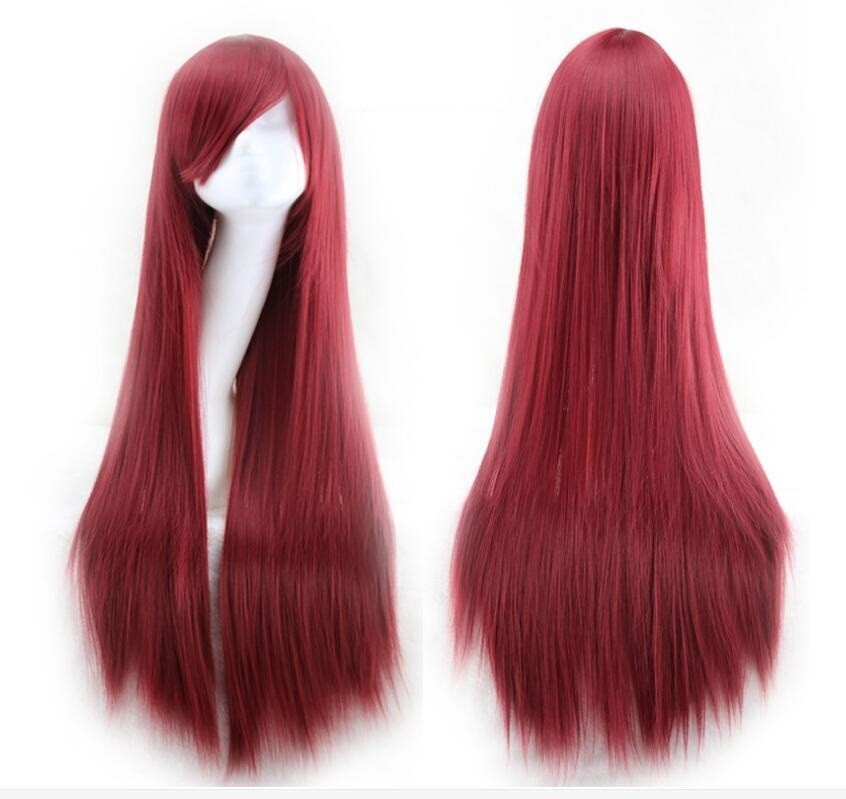 80cm Wine Red Lady Straight Wigs Fashion Cosplay Costume Hair Party Hairpiece