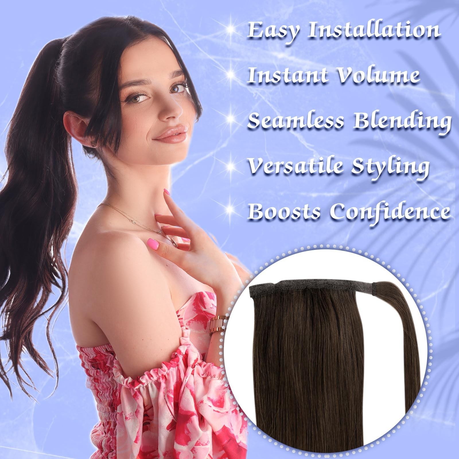 Real Hair Ponytail Extensions Clip-In 20″ Medium Brown Straight 80g – Natural Lo