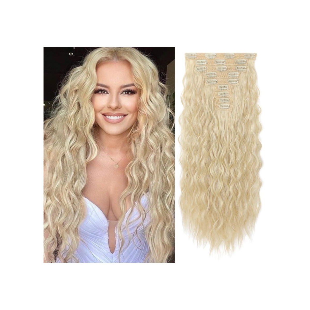 Natural Blonde Clip in Hair Extensions 24″ Mermaid Wave HYOUITSU Fiber – 9 PCS