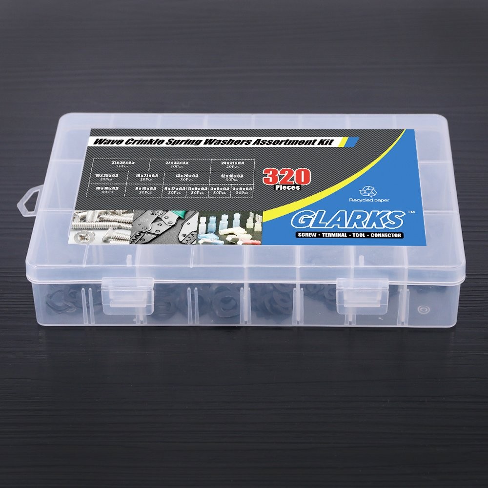 Glarks 320Pcs Carbon Steel Compression Type Wavy Wave Crinkle Spring Washers Ass