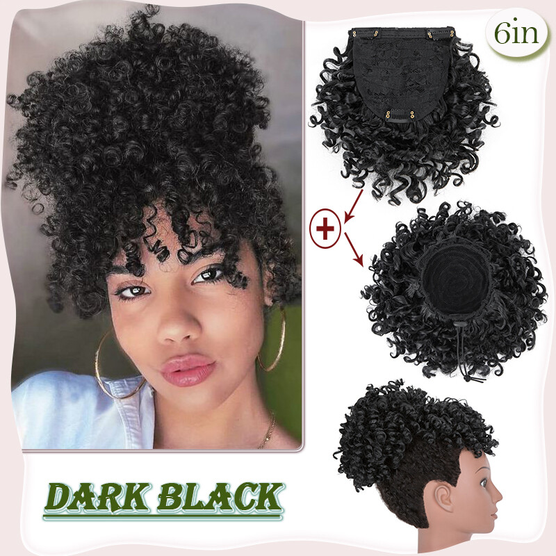 Afro Kinky Drawstring Ponytail Curly Synthetic Hair Bun Extension Chignon Bangs