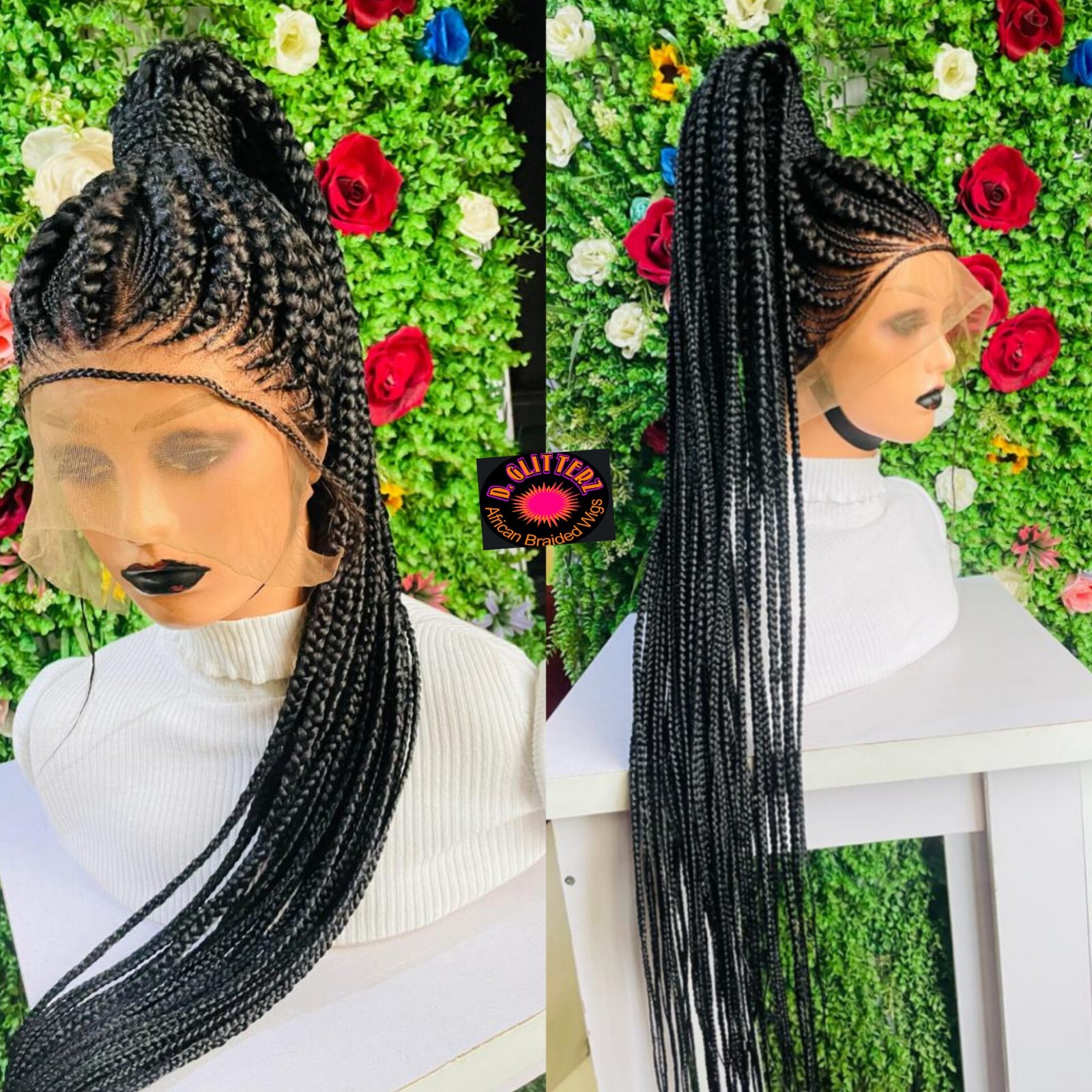 PONYTAIL BRAIDED CONROW WIG ON 360 LACE CLOSURE BLACK 52″
