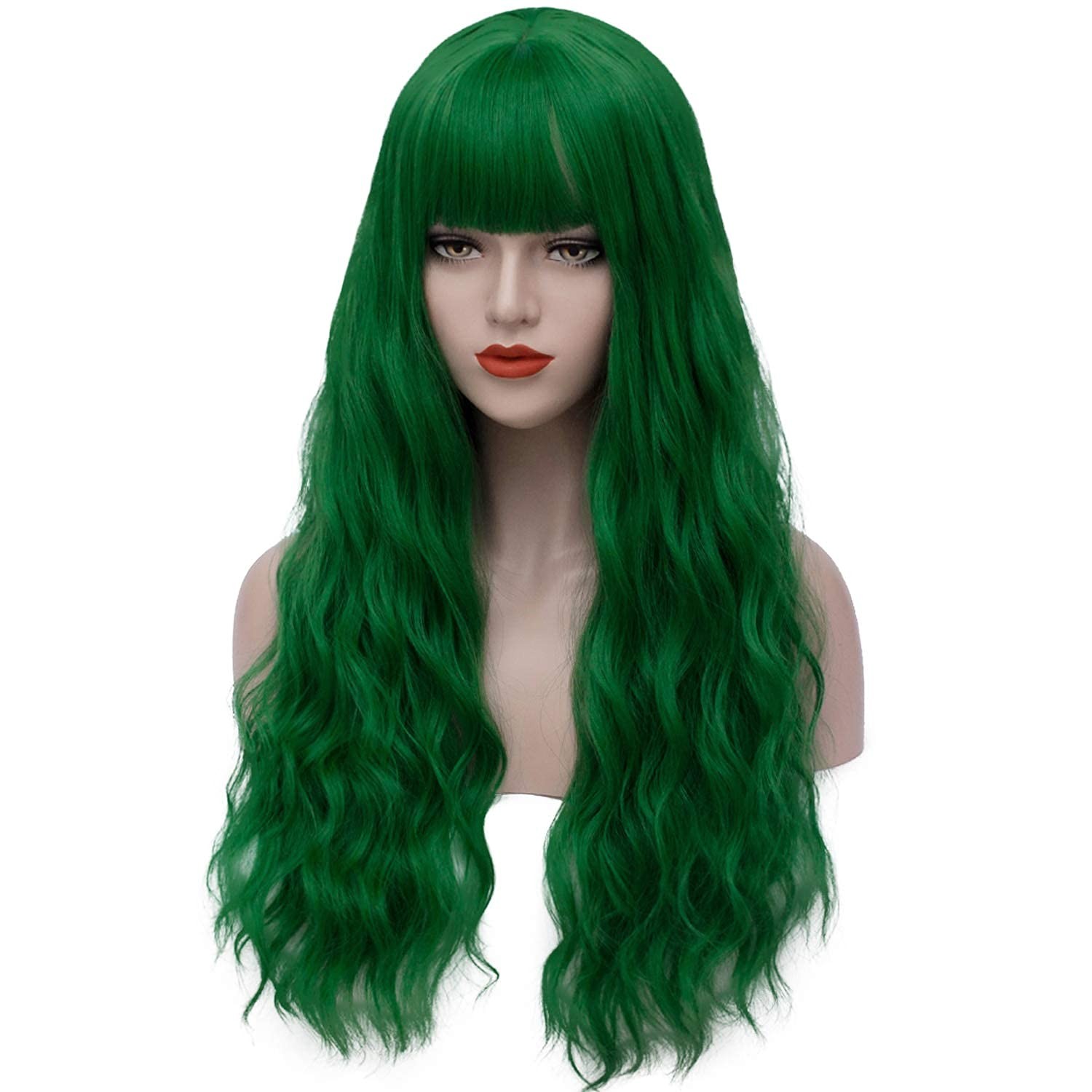 Womens Long Curly Wavy Green Wig with Bangs Synthetid Heat Resistant Hallowee…