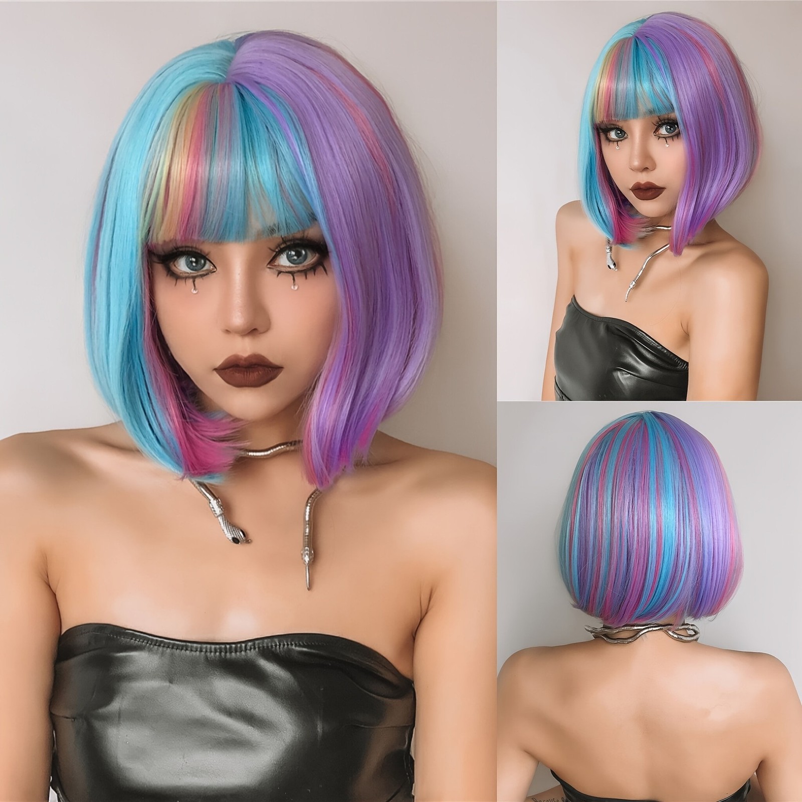 Blue-purple wave head high quality synthetic wig-suitable for daily wear. Holida