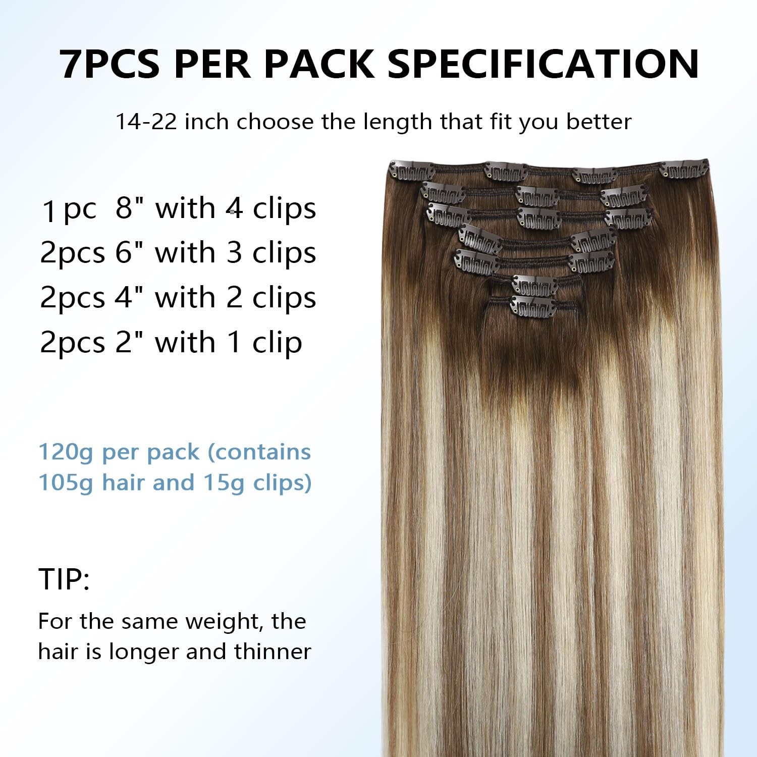 Clip in Hair Extensions Real Human Hair, 18inch 120g 7Pcs 3/8/22 Walnut Brown…