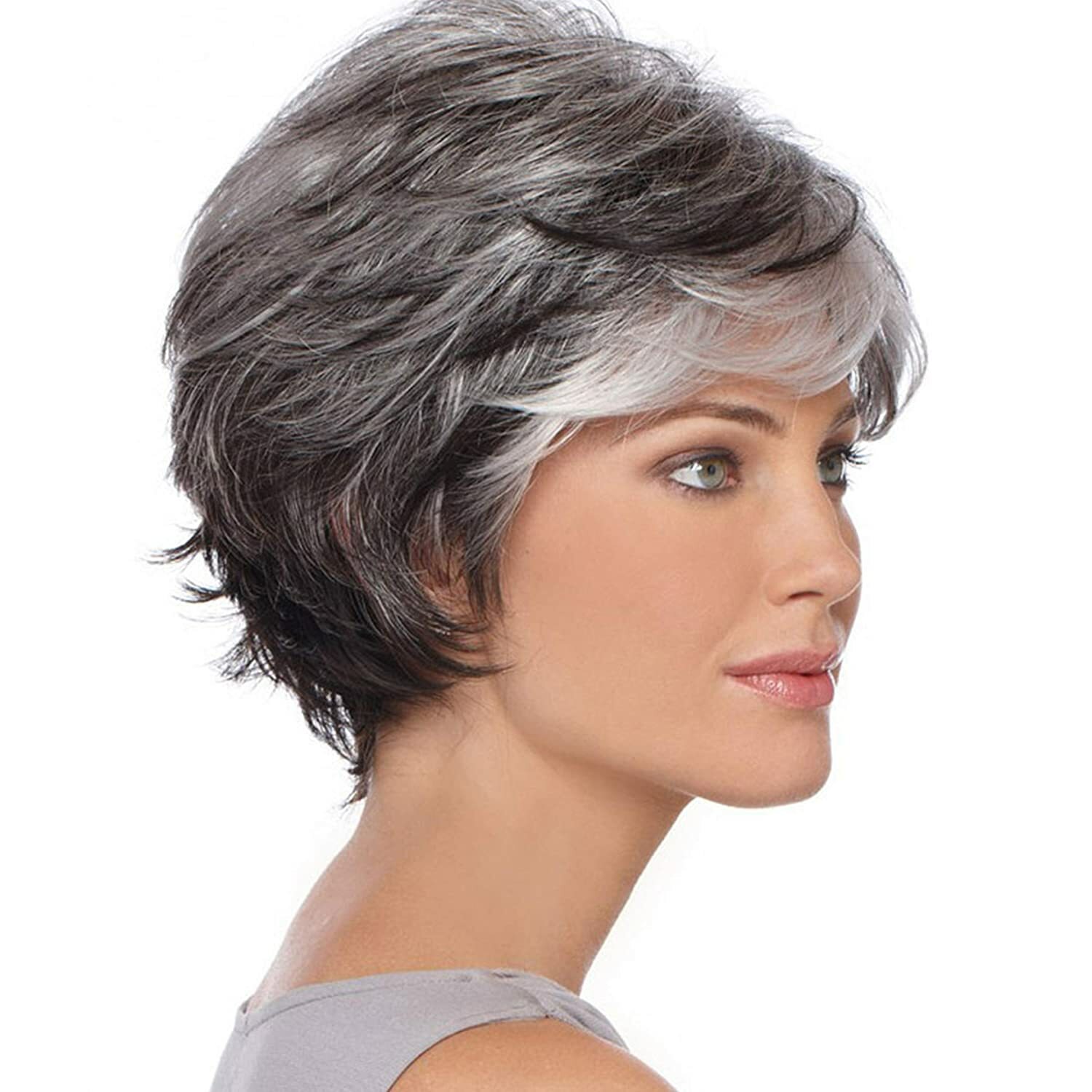 Women Short Gray White Hair With Black Mixed Wig with Bangs MoM Wig Synthetic US