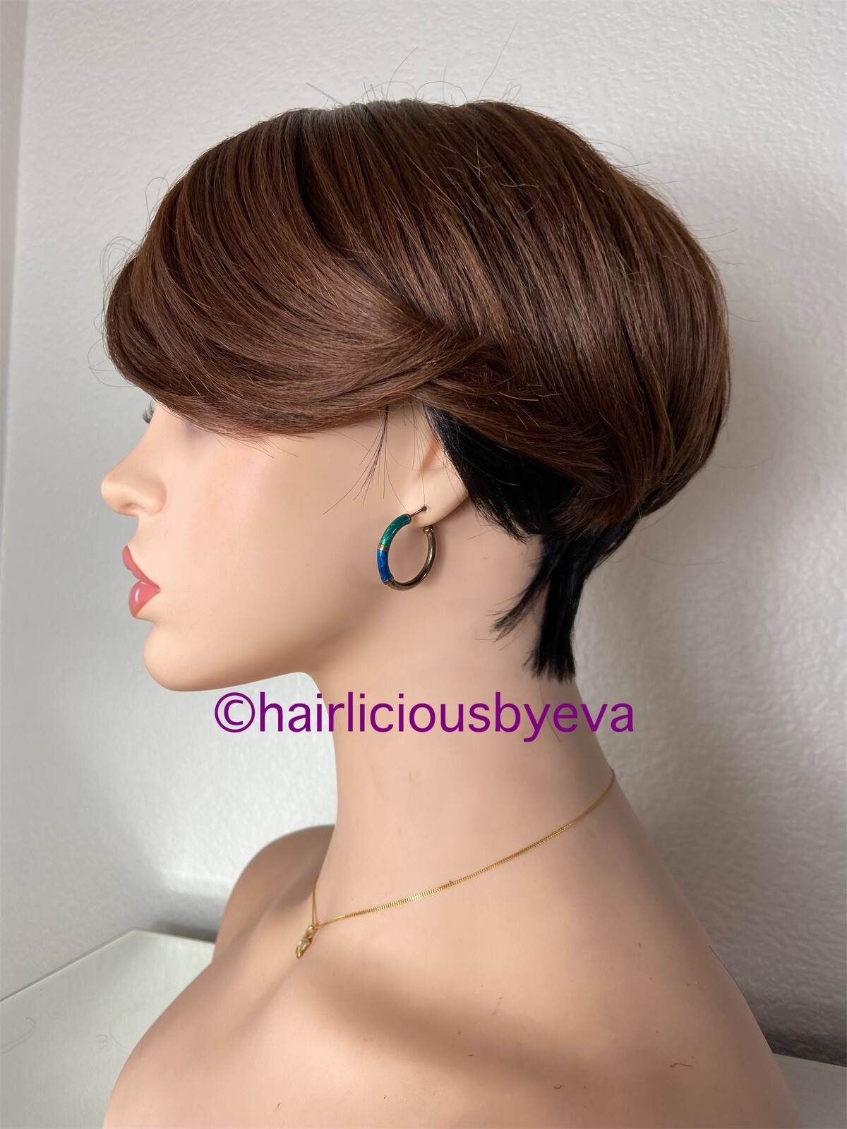 Golden Brown Short Wig Ombré Black Side Part Heat Resistance Ok