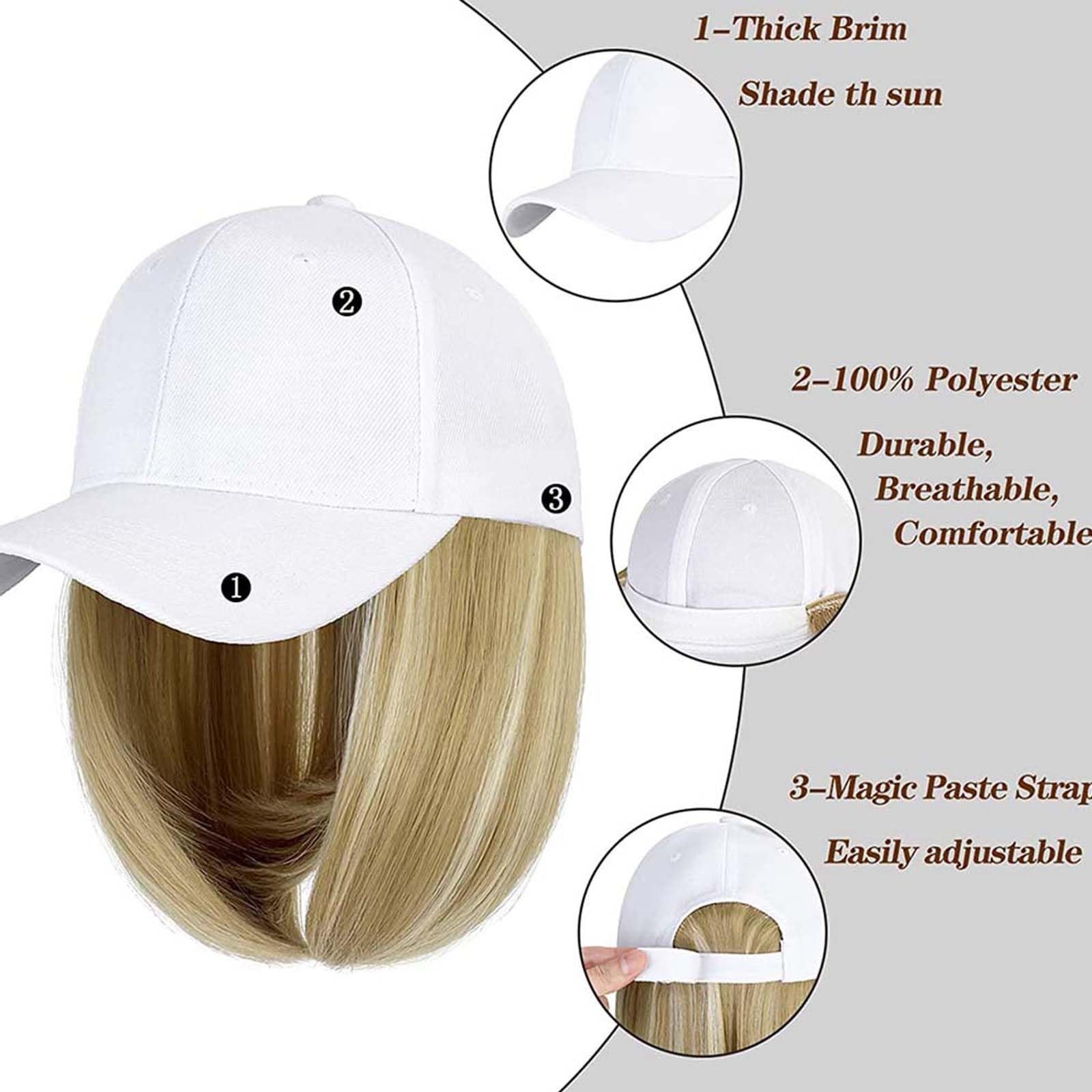 Woman Baseball Cap with Hair Extensions Straight Short Bob Hairstyle Adjustab…