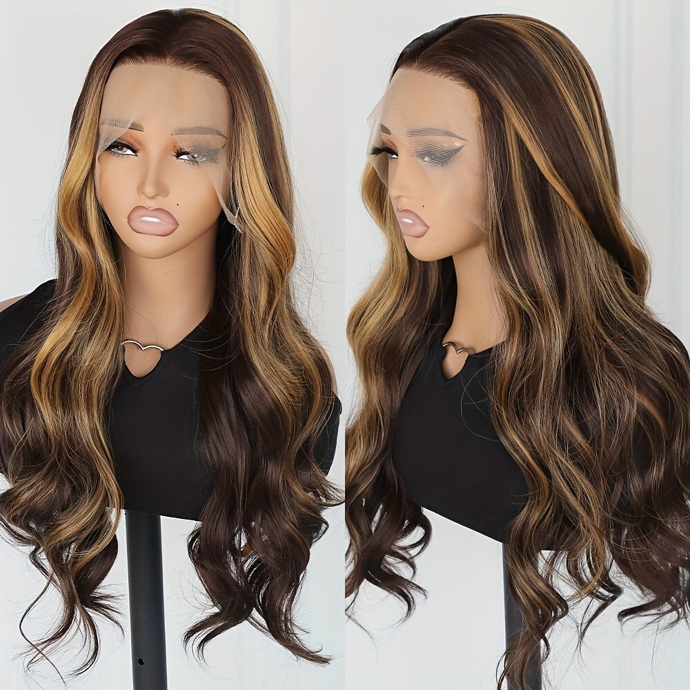 Long Wavy Wig Ombre Highlight Brown Blonde Synthetic Lace Front Wigs Pre Plucked