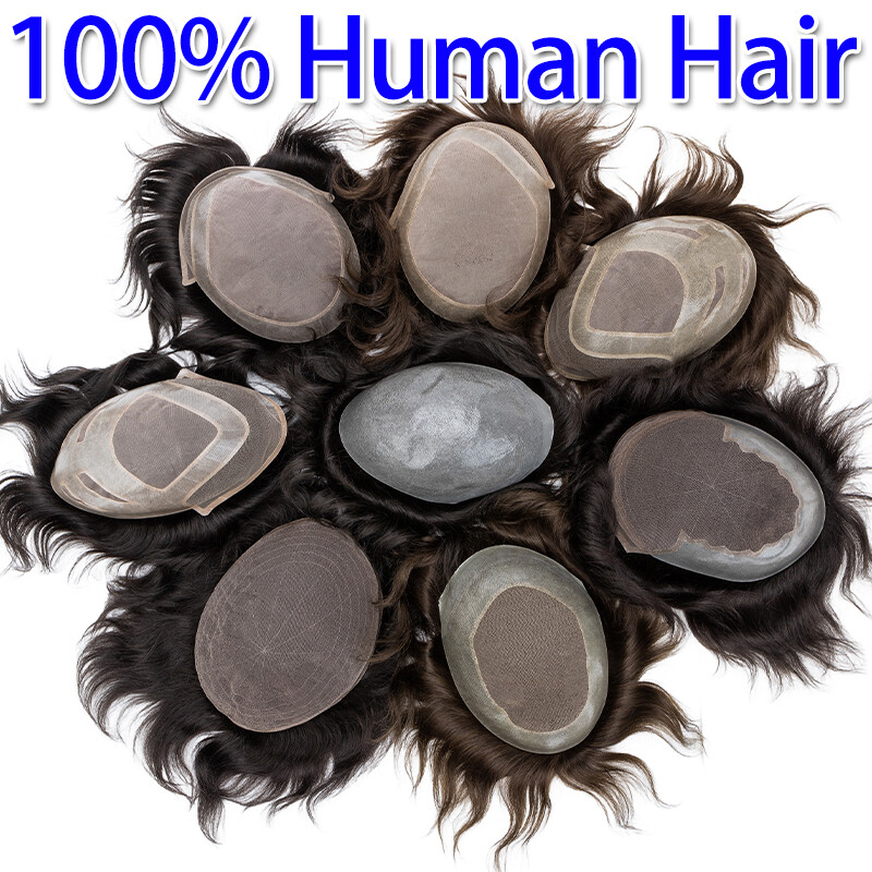 Mens Toupee Thin Skin PU/MONO Real Remy Human Hair Piece Toupee Replacement Wig