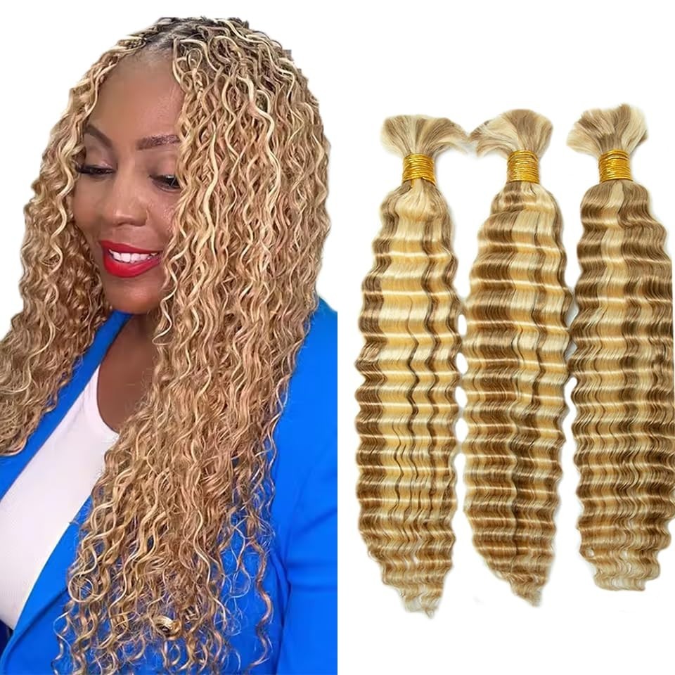 Highlight Honey Blonde Human Braiding Hair – 16″ Deep Wave Bulk Extensions, 3 Bu