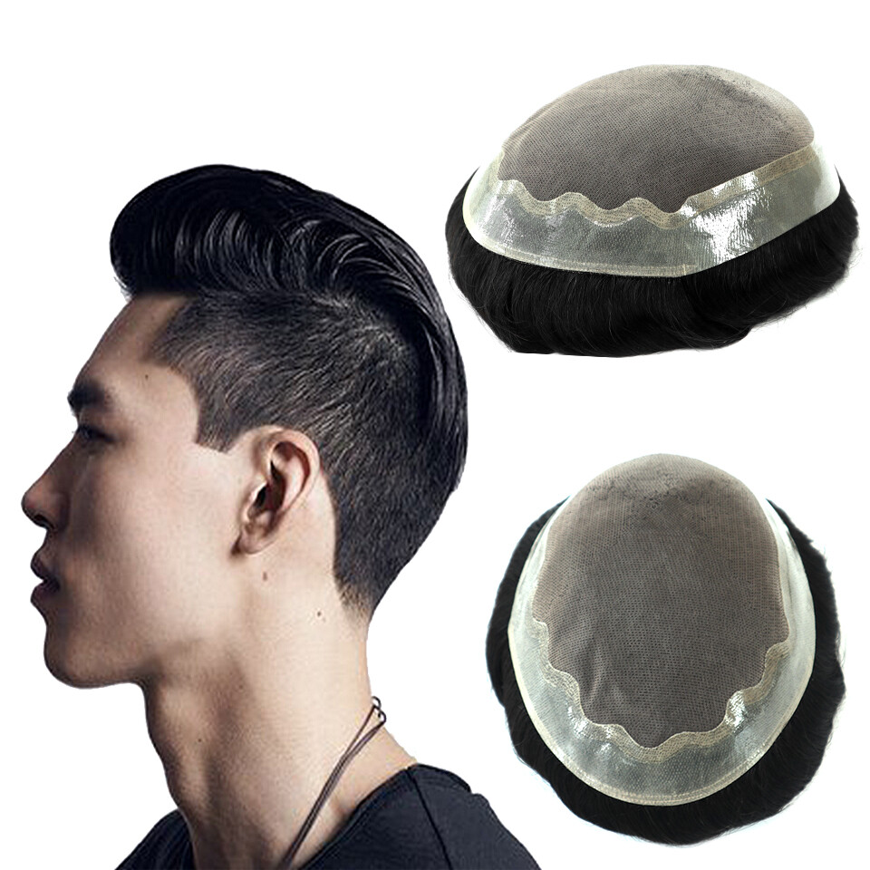 Mens Toupee Human Hair Replacement System Fine Mono Thin Skin Real Hairpiece #1B