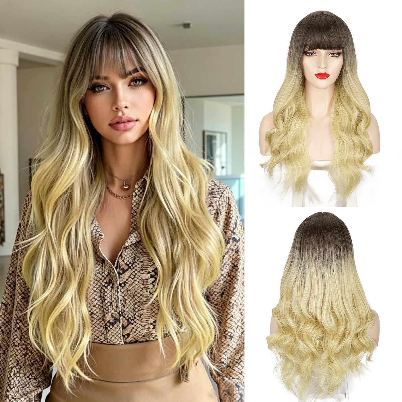 26 Inch Curly Wavy Wig with Bangs Synthetic Hair for Women Natural Looking Ha…