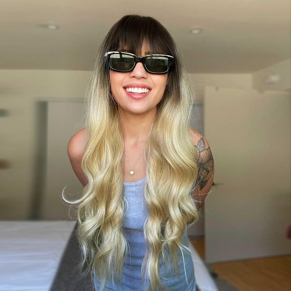 26 Inch Curly Wavy Wig with Bangs Synthetic Hair for Women Natural Looking Ha…