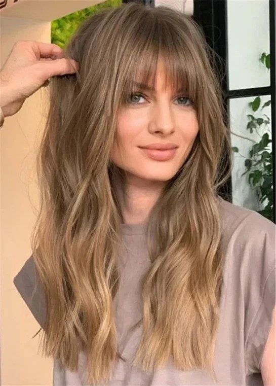 100% Human Hair New Women’s With Bangs Layered Long Ombre Brown Wavy Wigs 24 In