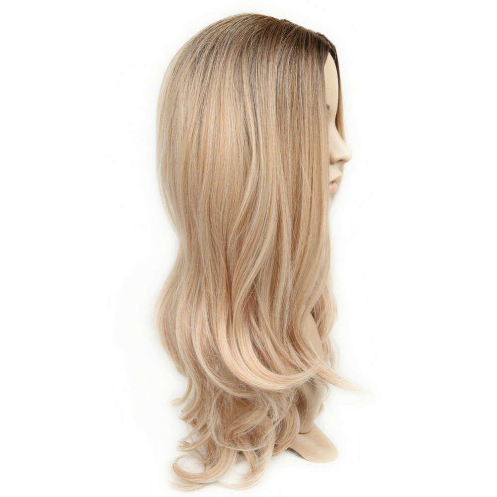 Dark Brown Root to Gold Ombre Long Wavy Curly Blonde Wig Women Synthetic Hair