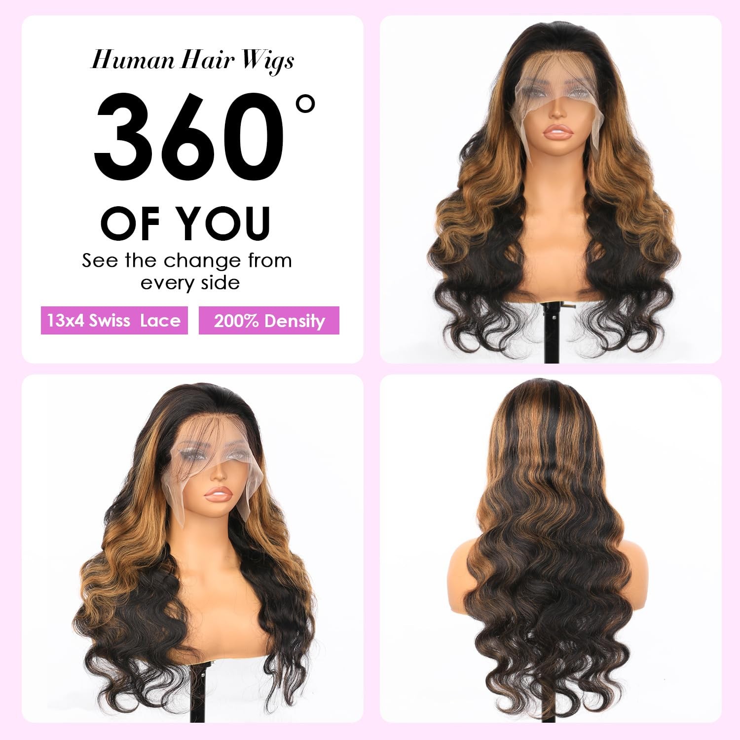 Transparent Lace Wigs 13×4 Ombre 1B/30 200% Density Body Wave Human Hair