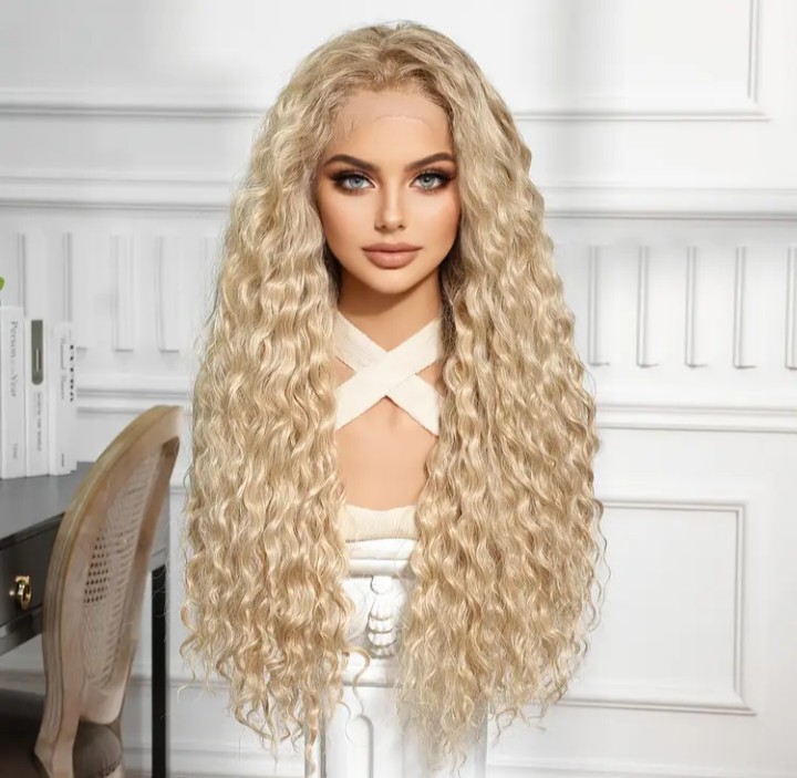 28 Inch High-temperature Silk 13*6 Long Curly Hair Wig, Lace Wig Golden Split…