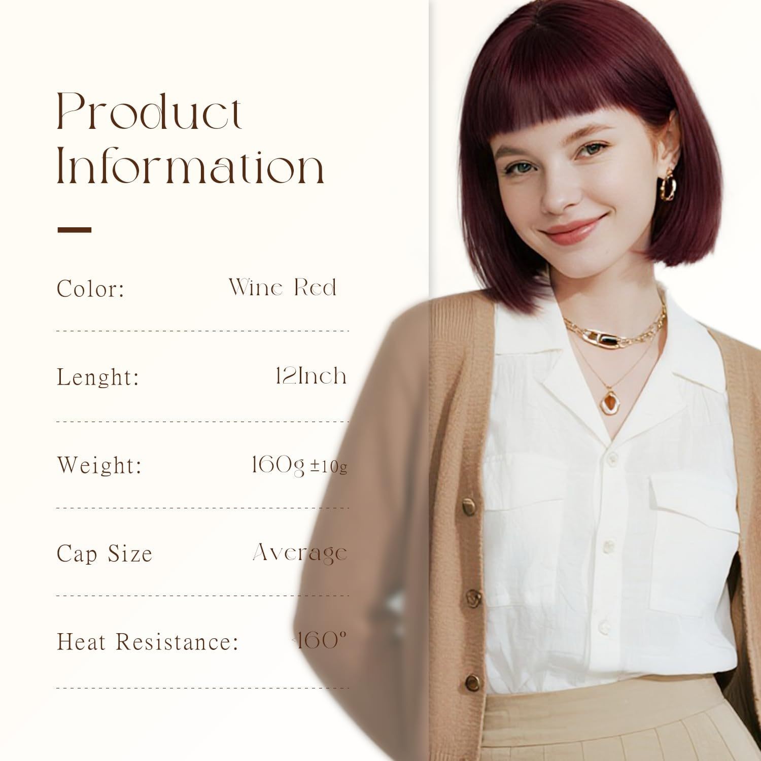12 Inch Bob Wig with Inward Bangs for Women Multi Color Heat Resistant