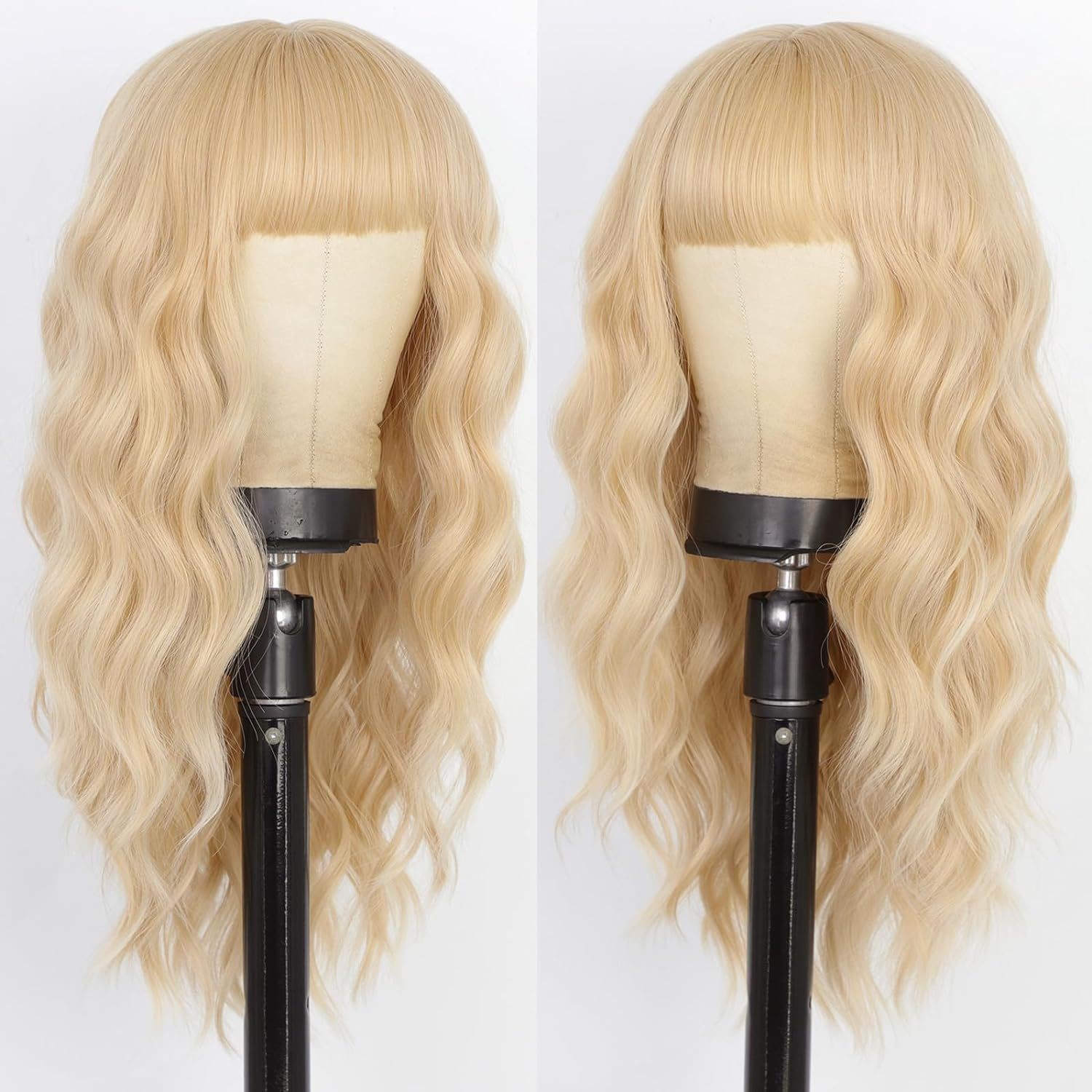 Water Wave Long Curly Wig with Bangs Heat Resistant Synthetic Full Cap for Women