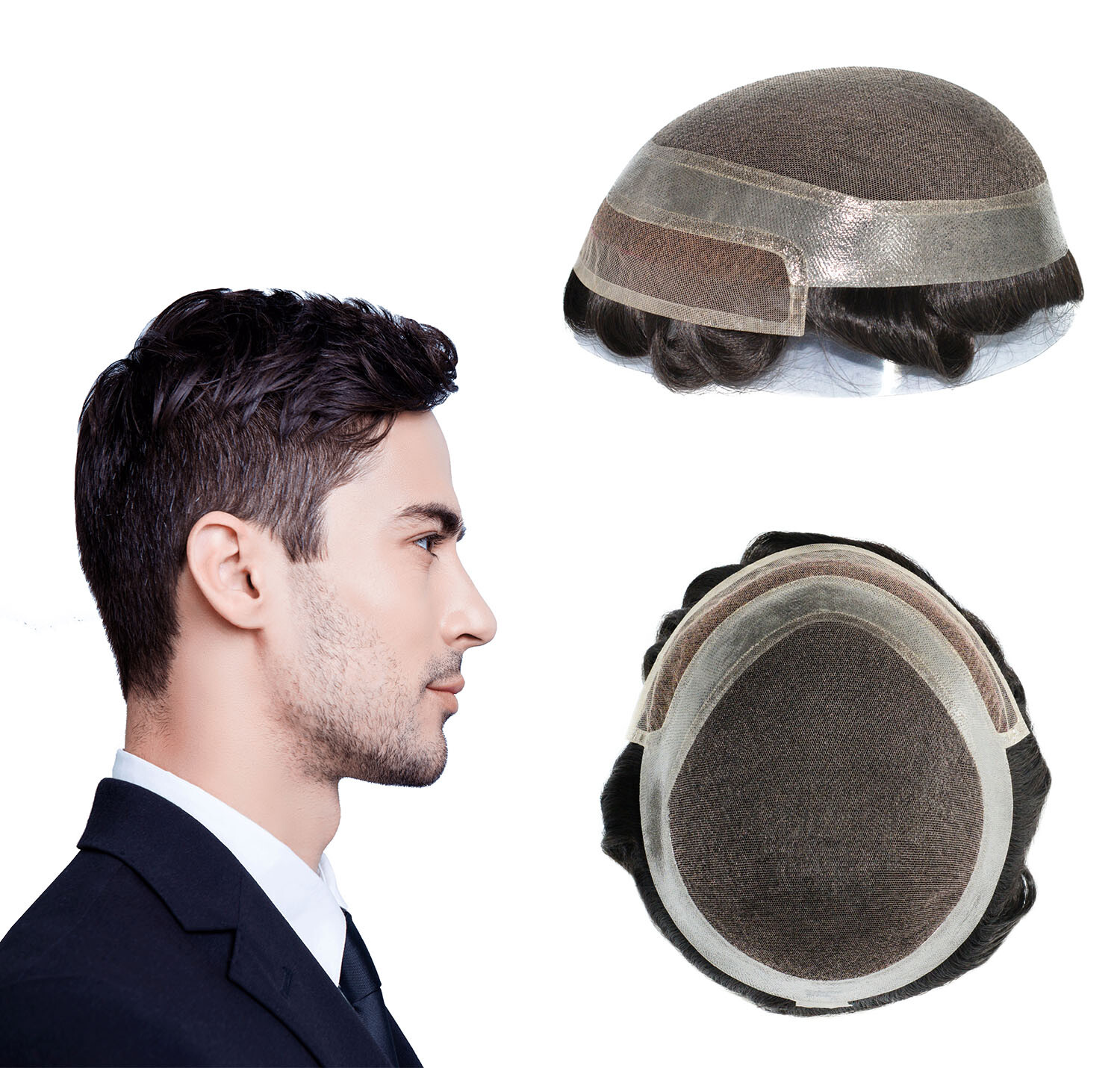 Toupee For Men Human Hair Lace skin Replecement System Dark Brown Grey Hairpiece