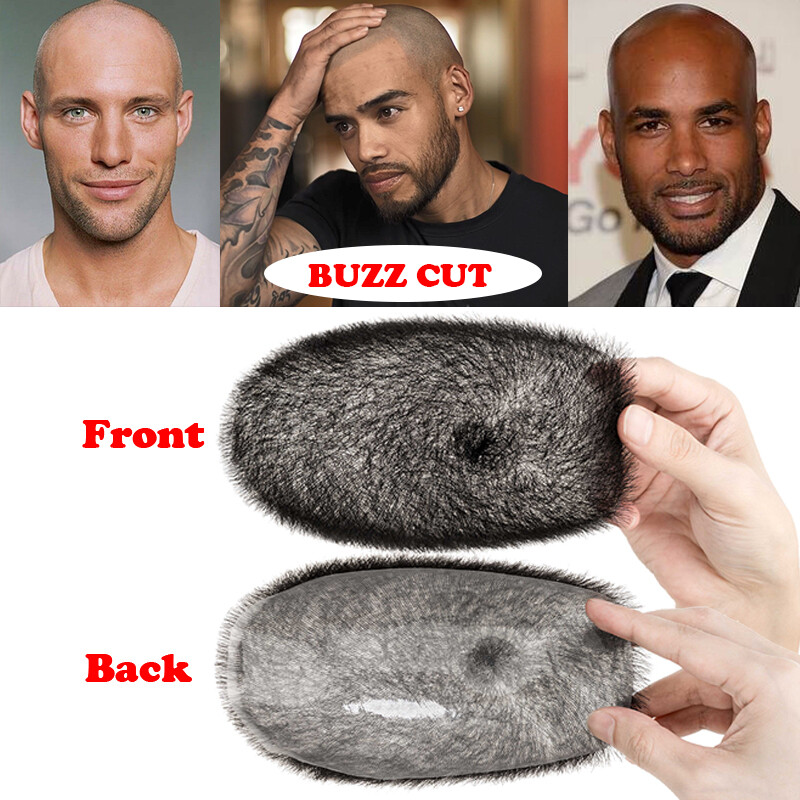 Real Remy Human Hair Piece Toupee for Men Thin Skin PU Buzz Cut Hairpiece Wig