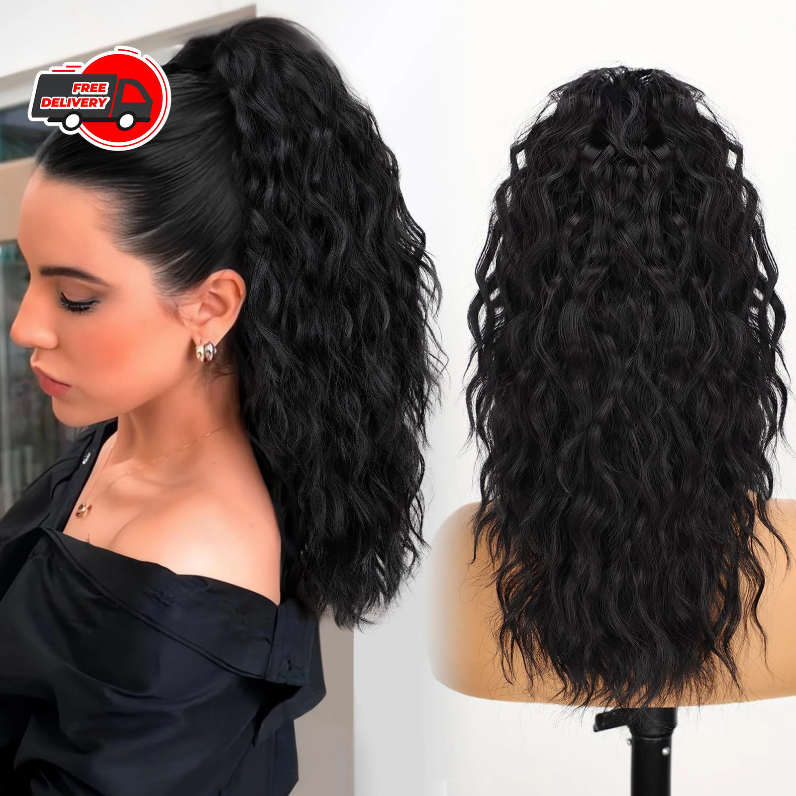 Black Brown Long Wavy Curly Synthetic Claw Clip In Ponytail Fake Hair Extension